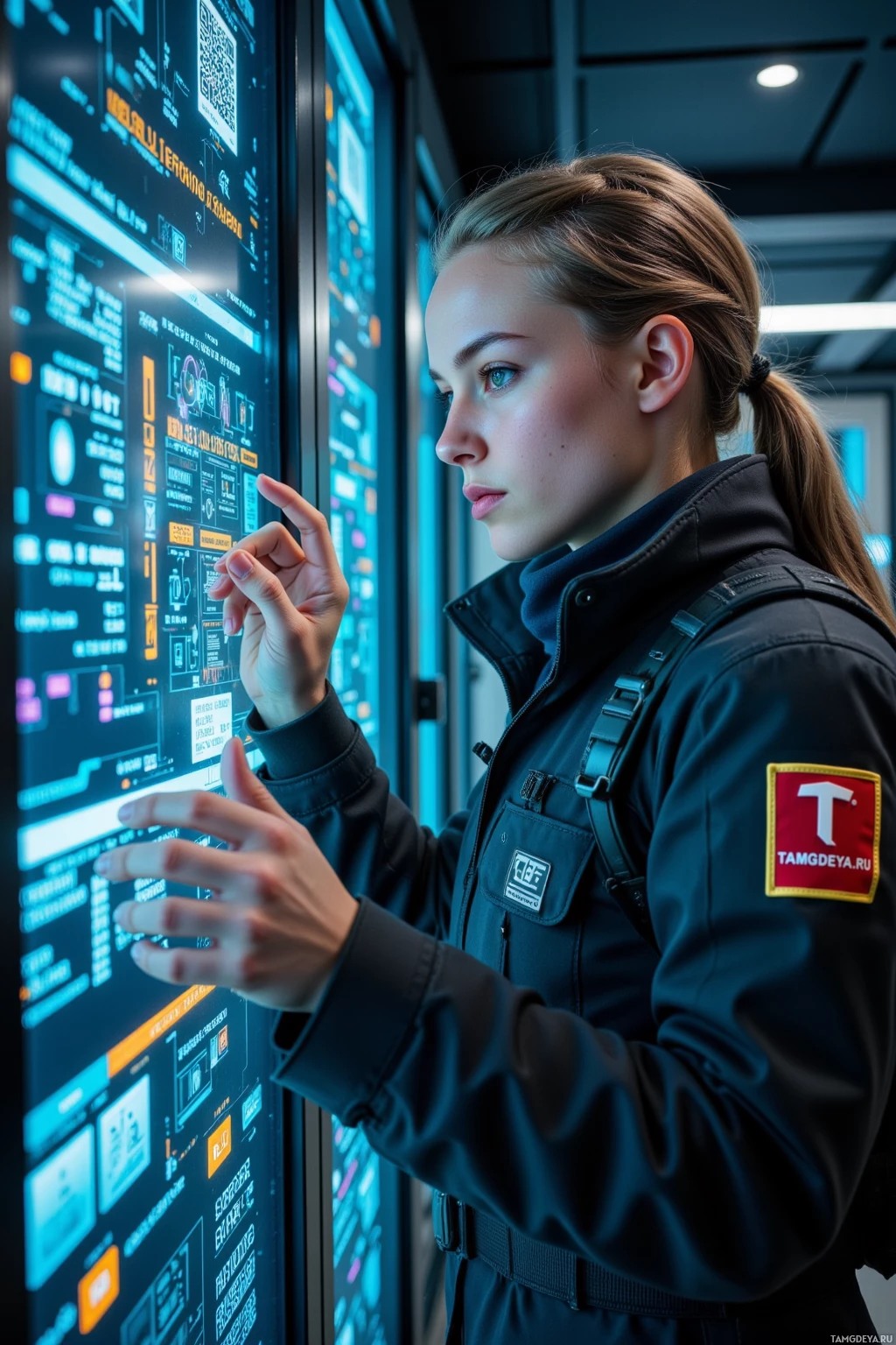 A person in a uniform interacts with a large, illuminated digital display.