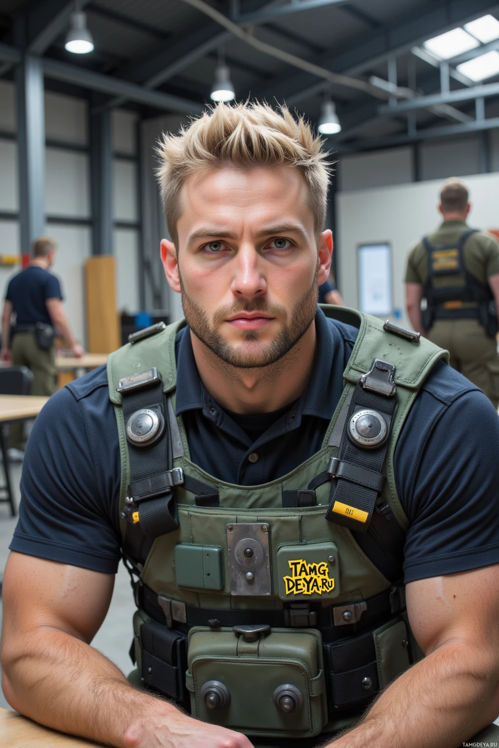 A man in a tactical vest and uniform is seated indoors.