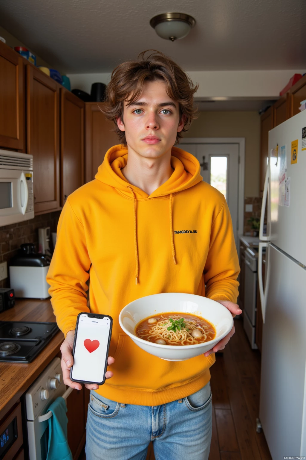 A person in a yellow hoodie holds a bowl of soup and a phone displaying a heart icon.