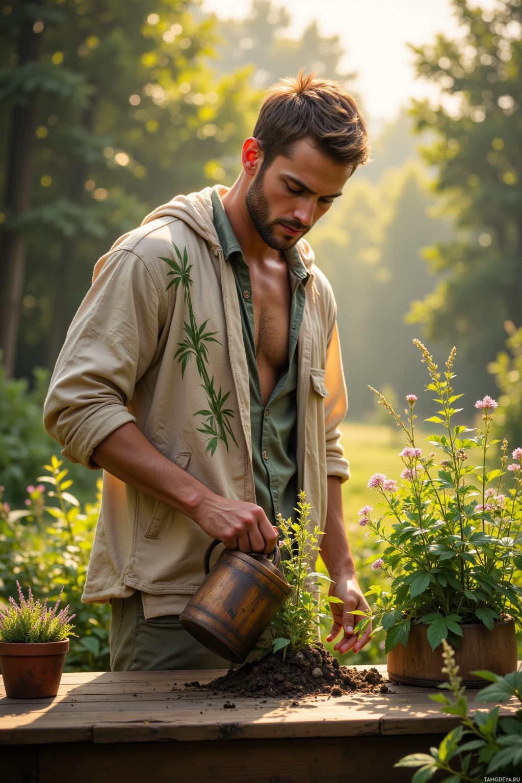 A man is watering a plant in a garden.