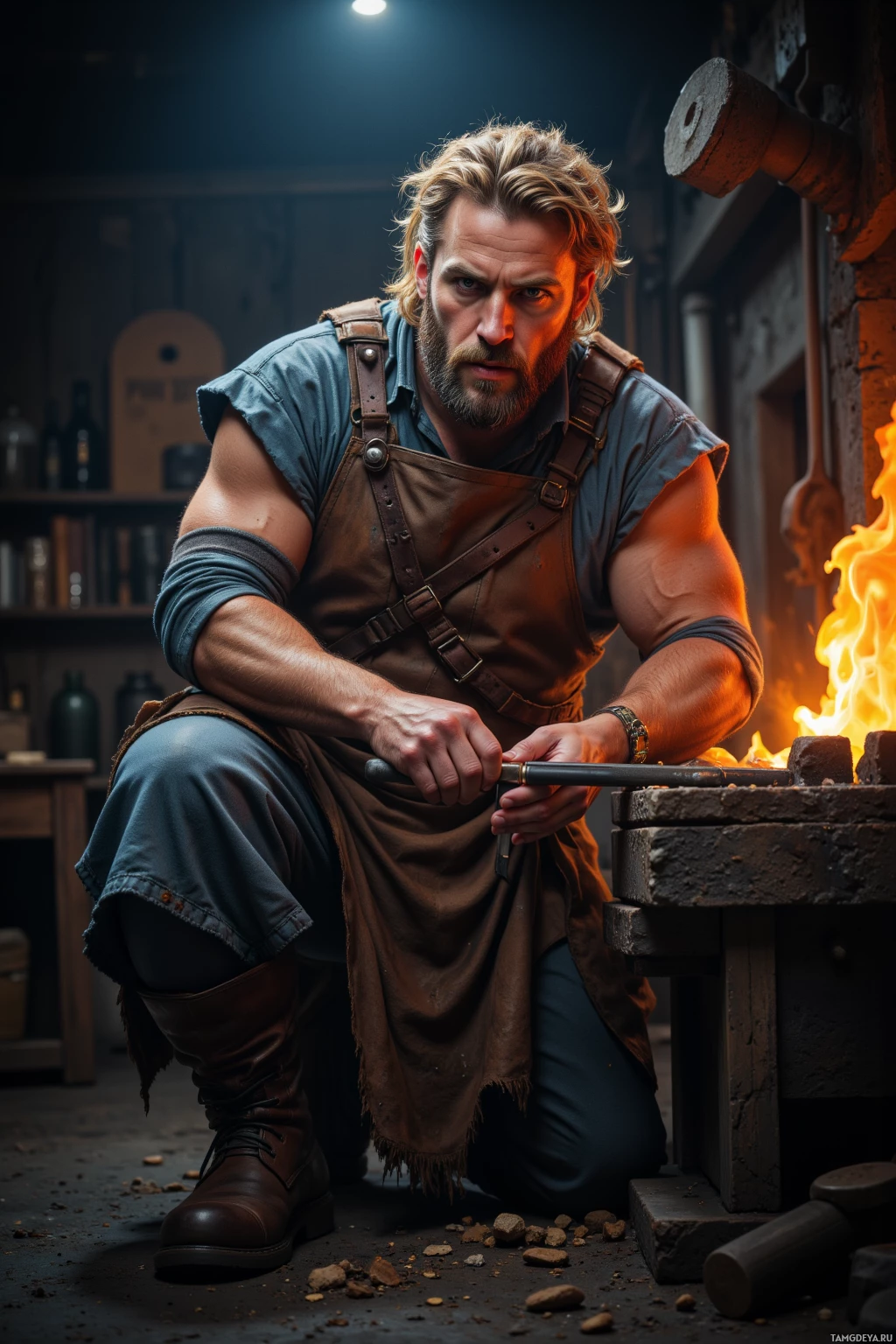 A man in a workshop, wearing an apron, kneels by a forge with a glowing fire, holding a tool.