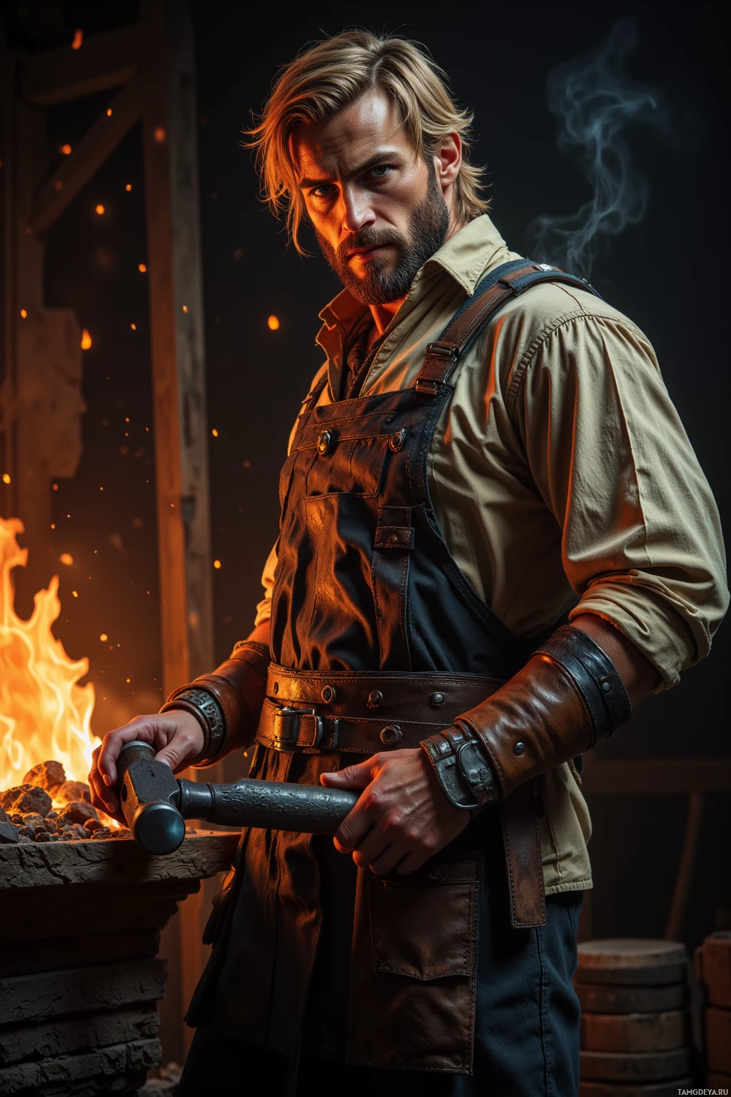 A man in a rugged outfit stands by a forge, holding a hammer.