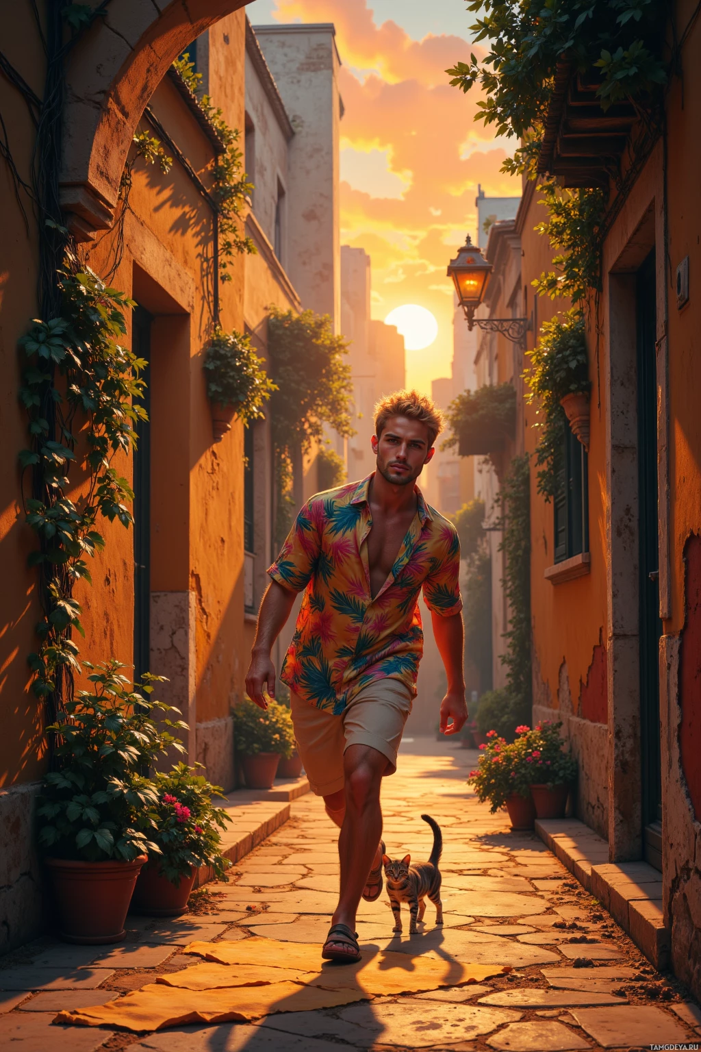 A man walks down a sunlit alleyway with a cat, surrounded by potted plants and warm-toned buildings.