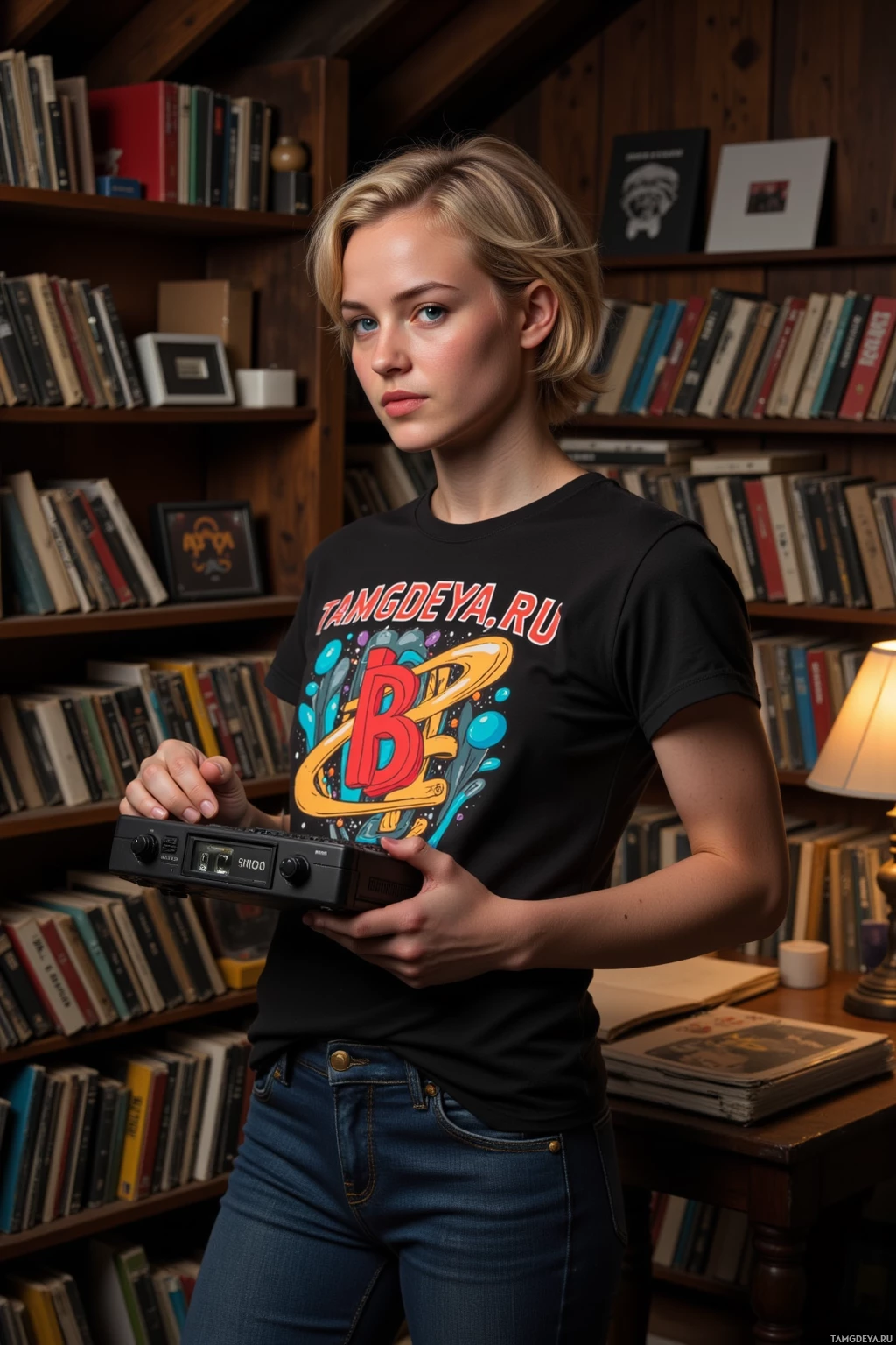 A person stands in a library holding a vintage device, wearing a graphic t-shirt and jeans.