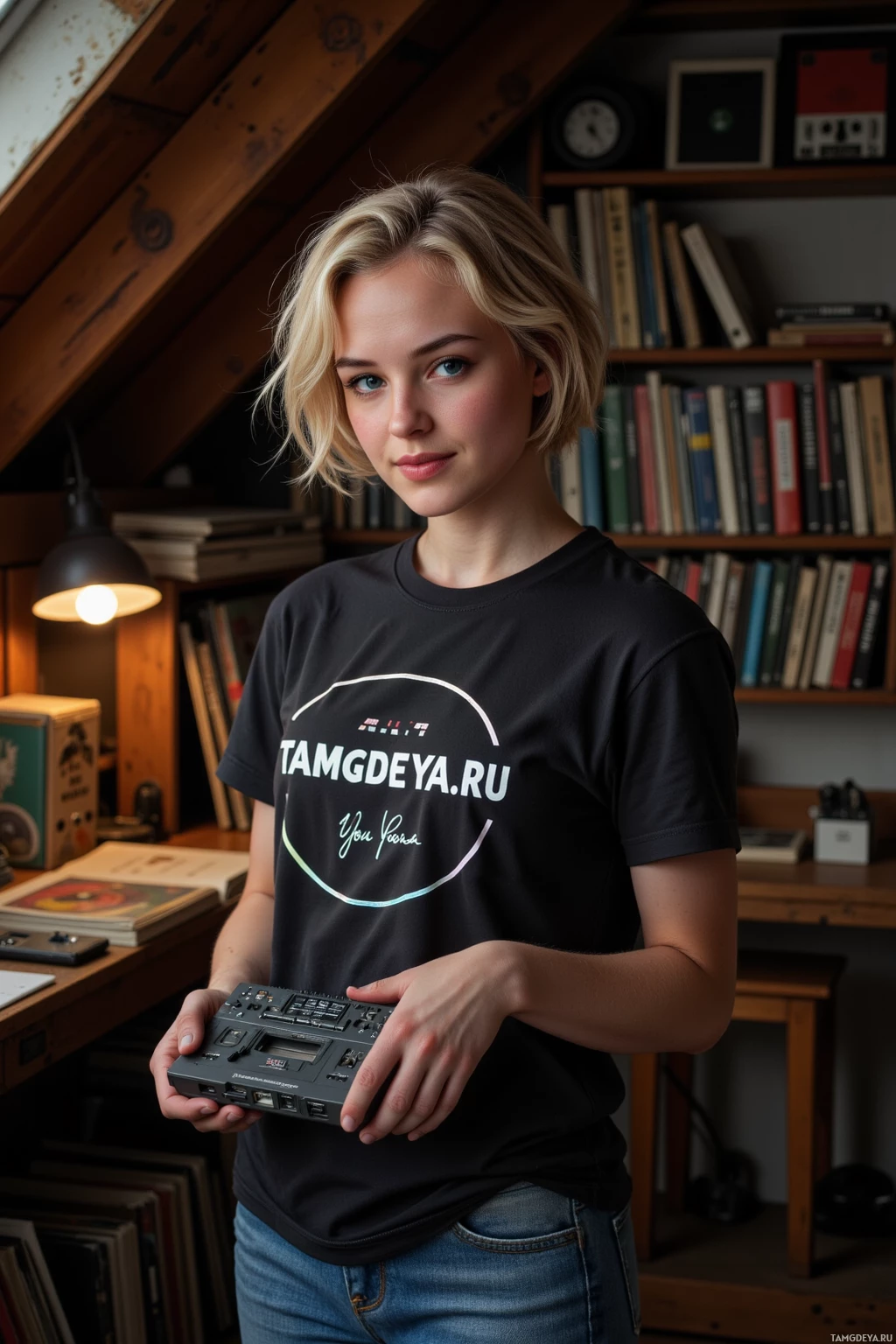 A person stands in a room with bookshelves, holding a cassette player and wearing a black t-shirt with text.