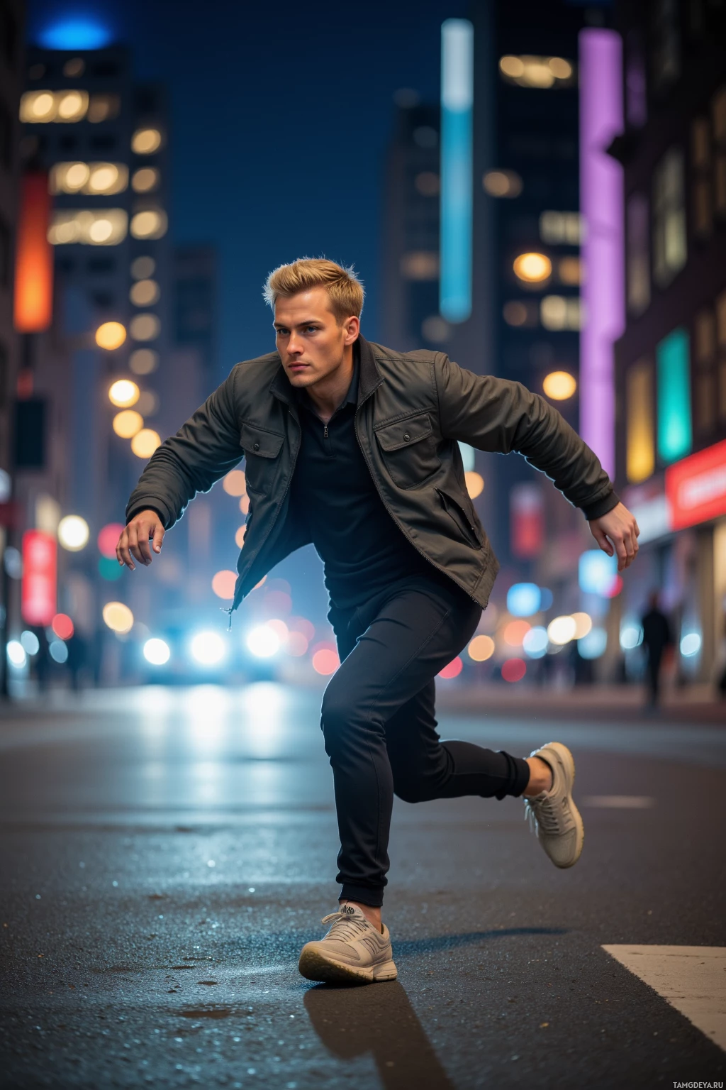A man in a leather jacket and sneakers runs on a city street at night.
