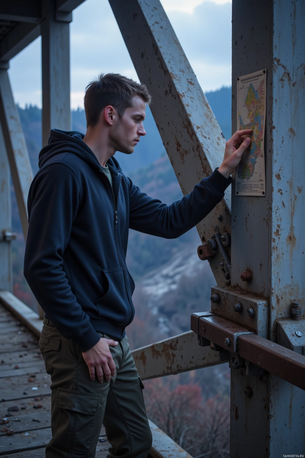 A person stands on a bridge, looking out over a scenic view.