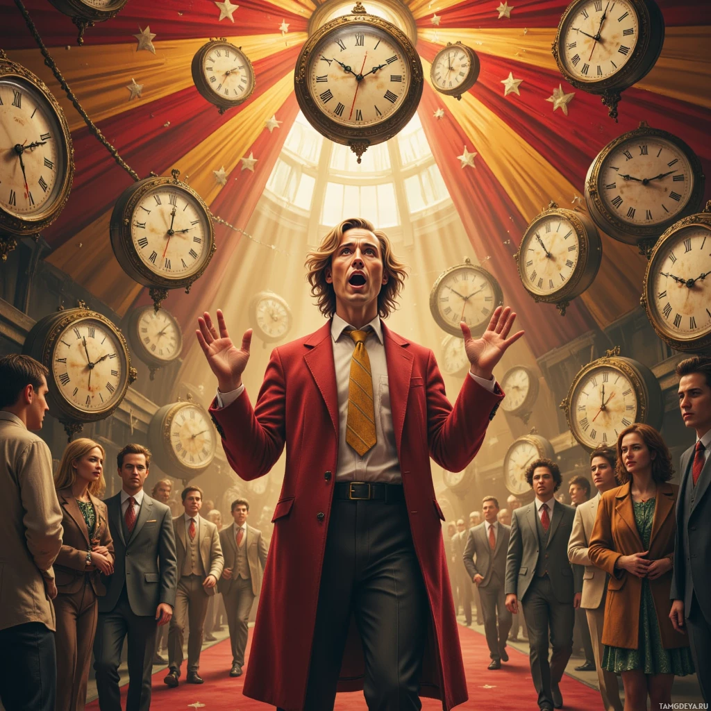 A man in a red coat stands in front of a group of people, surrounded by numerous clocks hanging from the ceiling.