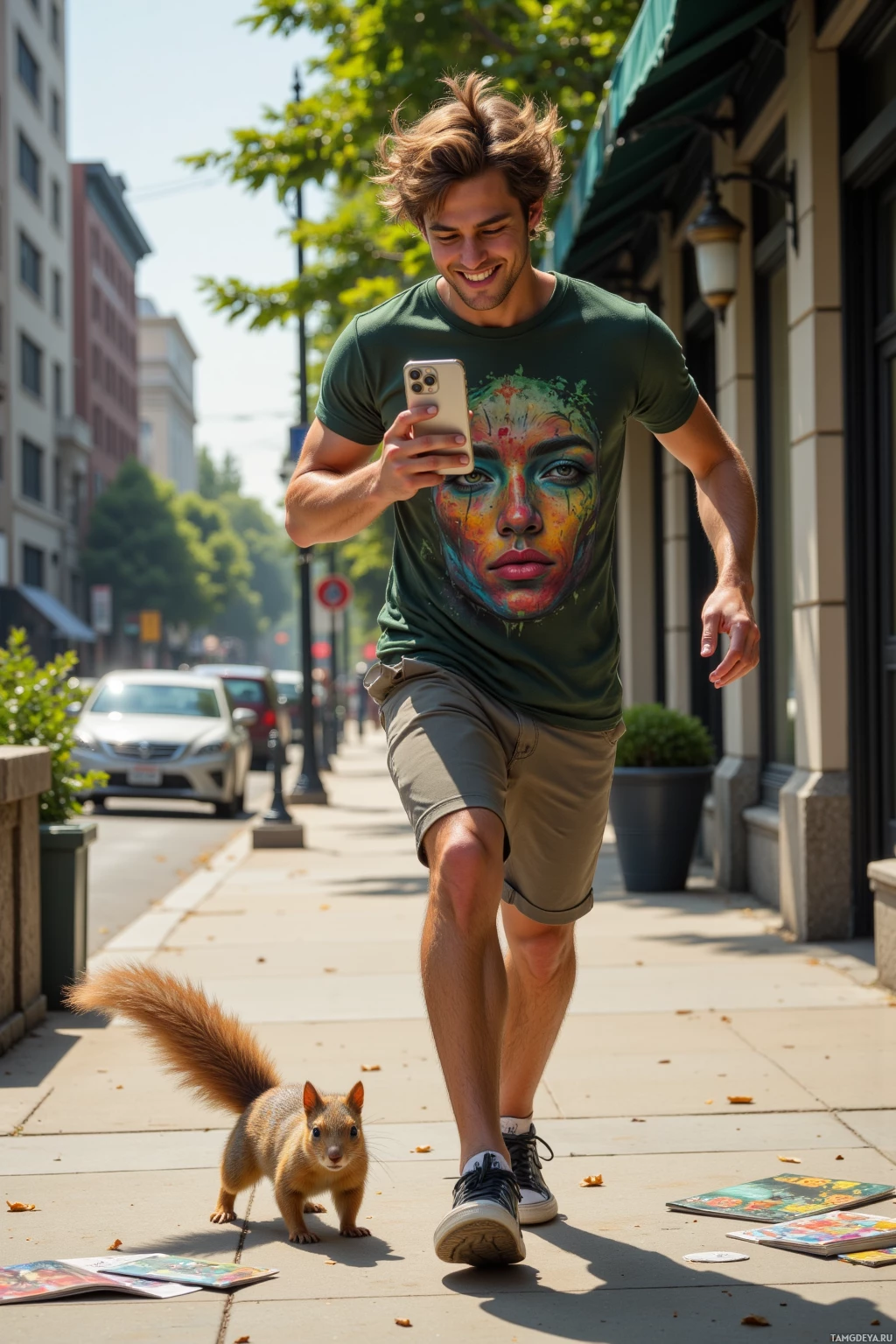 A man in a green shirt and khaki shorts walks on a sidewalk while holding a phone, with a squirrel nearby.
