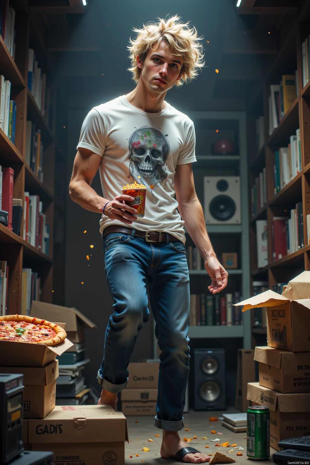 A person stands in a dimly lit room with bookshelves, holding a bowl of popcorn and surrounded by boxes and a pizza.