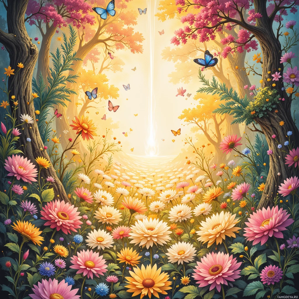 A vibrant forest scene with blooming flowers and butterflies.