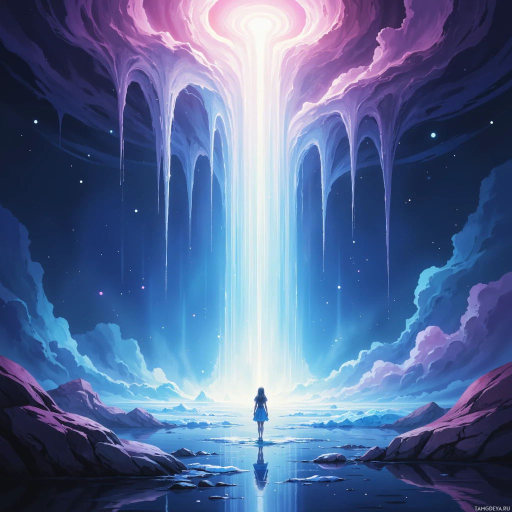 A serene scene of a person standing on a rocky shore, gazing at a radiant light beam descending from the sky.