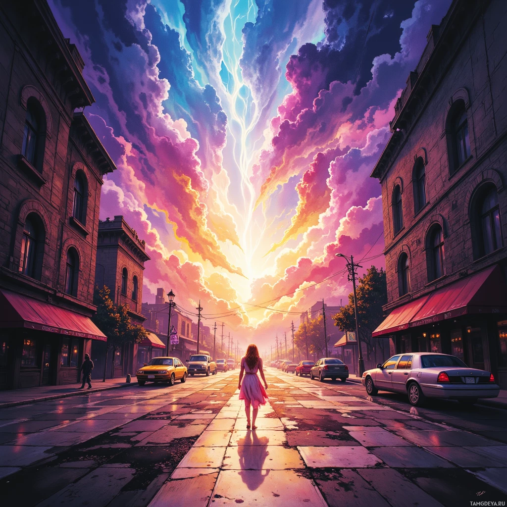 A vibrant city street scene with a person walking down the middle, under a dramatic sky with colorful clouds.
