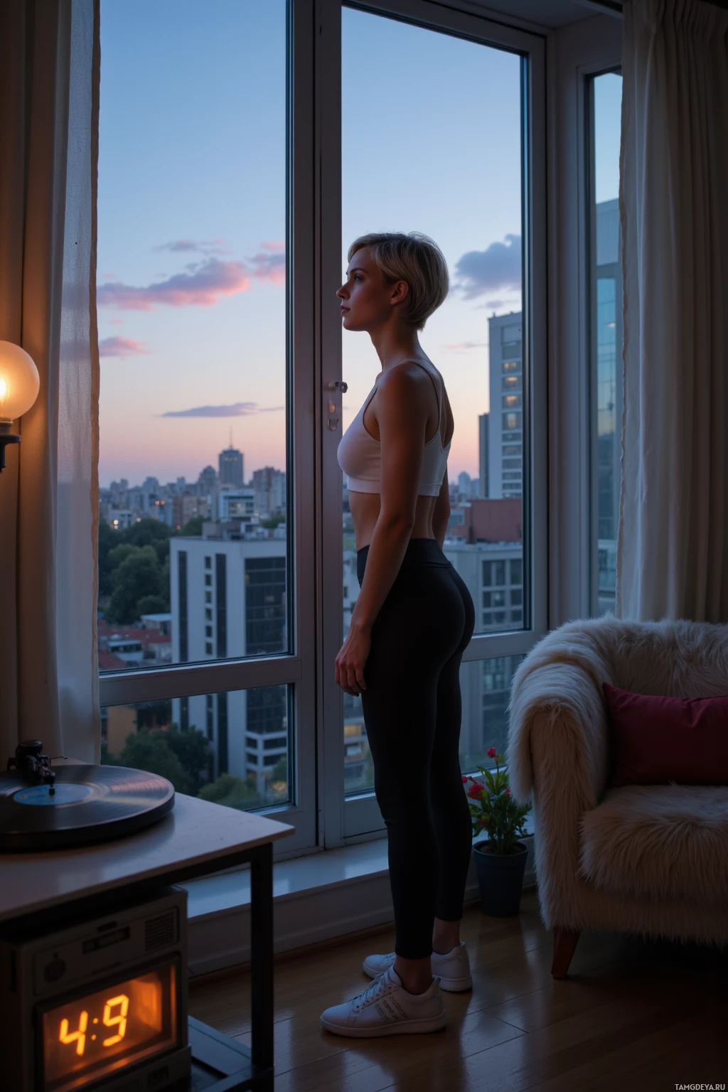 A woman stands by a window overlooking a cityscape at dusk.