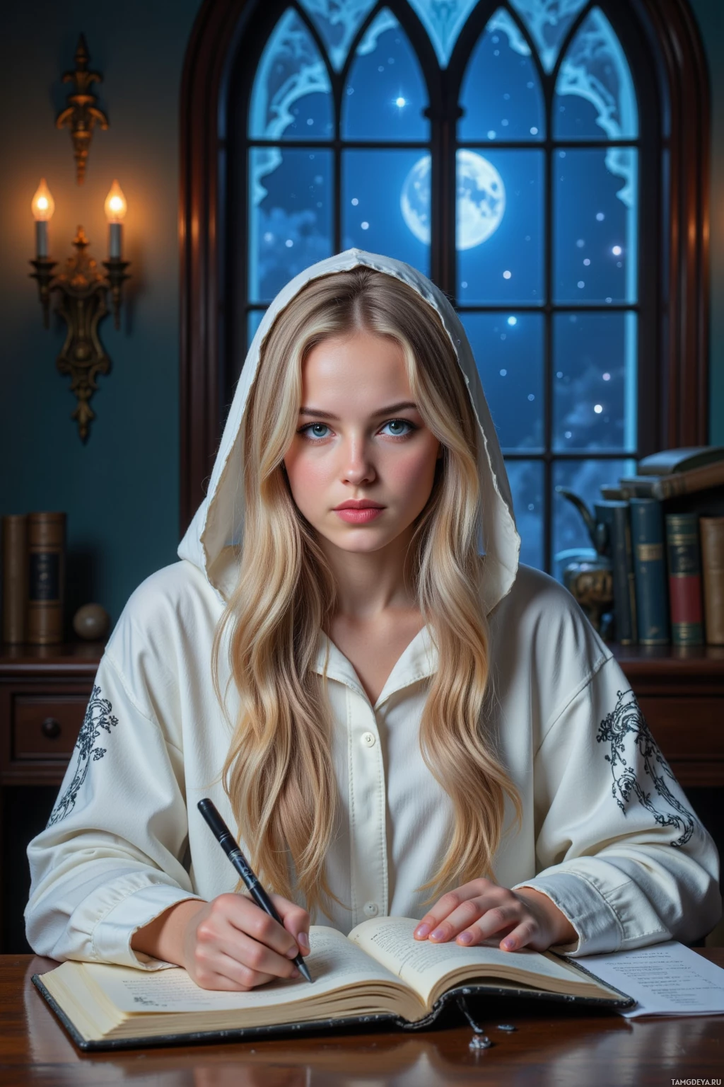 A young woman in a white hooded robe sits at a desk, writing in a book with a quill pen.