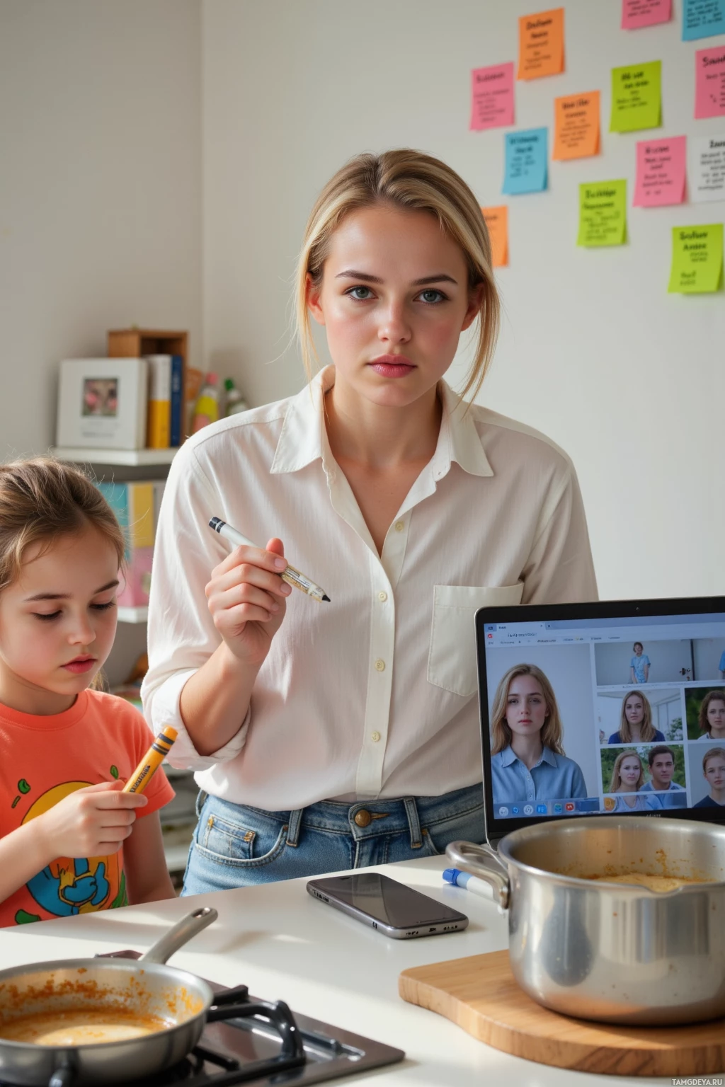 A woman and a child are in a kitchen setting, with the woman holding a pen and the child holding a crayon, both looking at a laptop screen.
