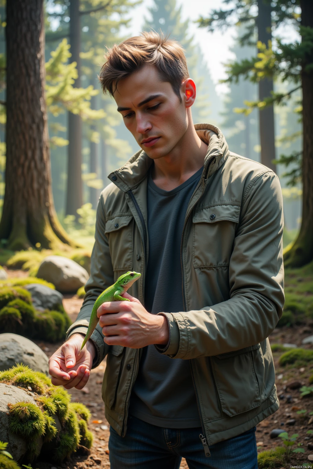 A man in a forest holds a small green lizard on his hand.