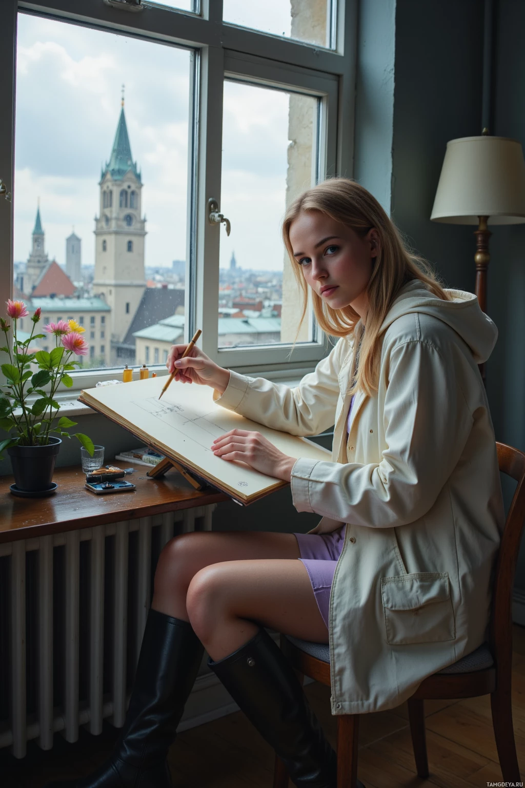 A person is sketching at a desk with a cityscape visible through the window.