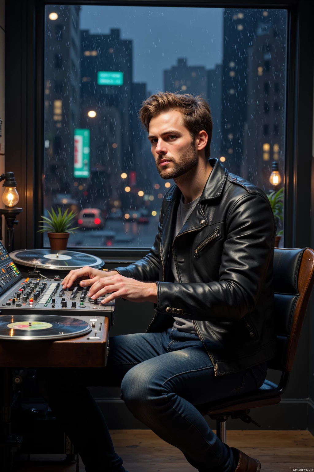 A man in a leather jacket sits at a mixing console in a dimly lit room with a cityscape view through the window.