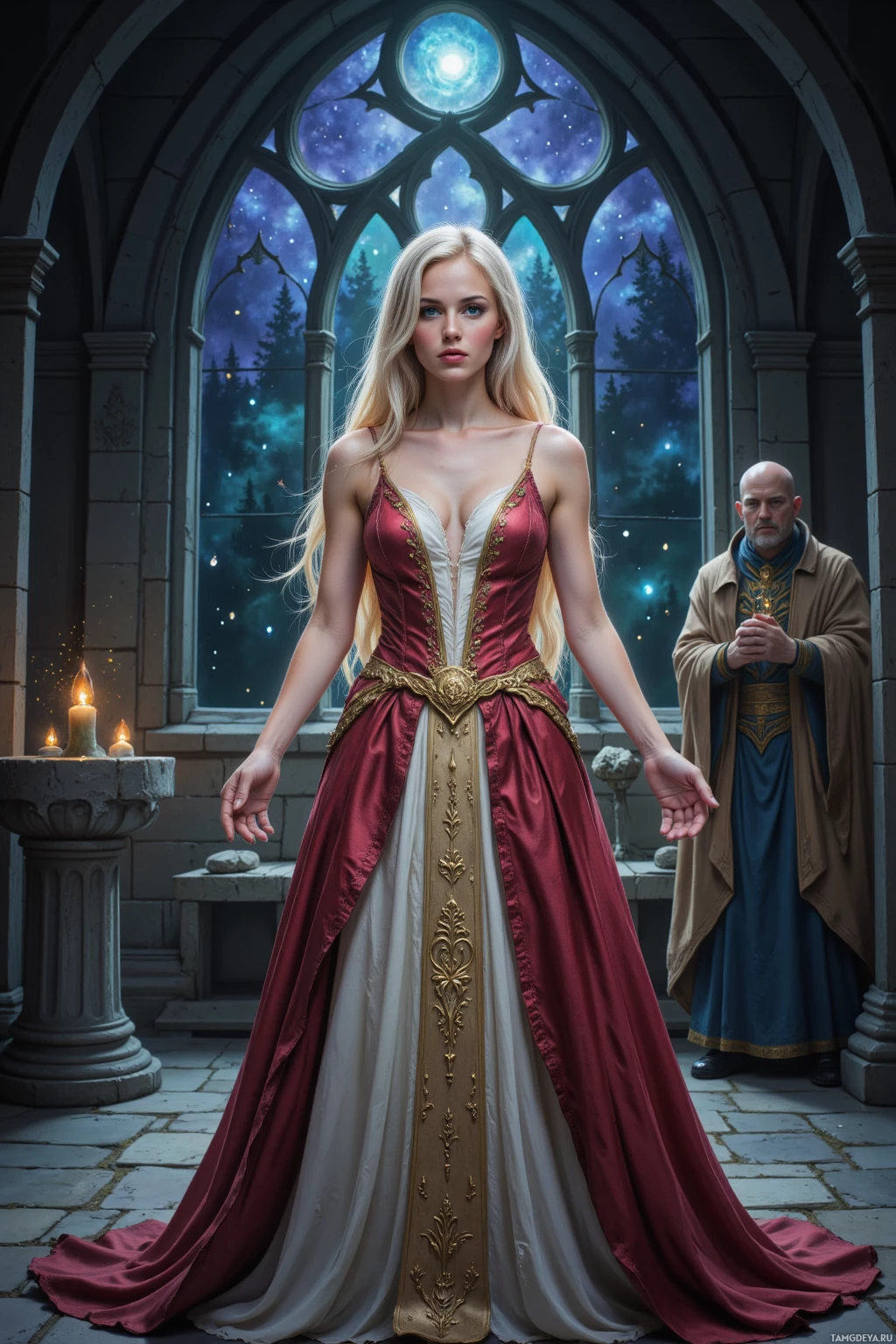 A woman in an ornate gown stands in a stone archway with a man holding a candle in the background.