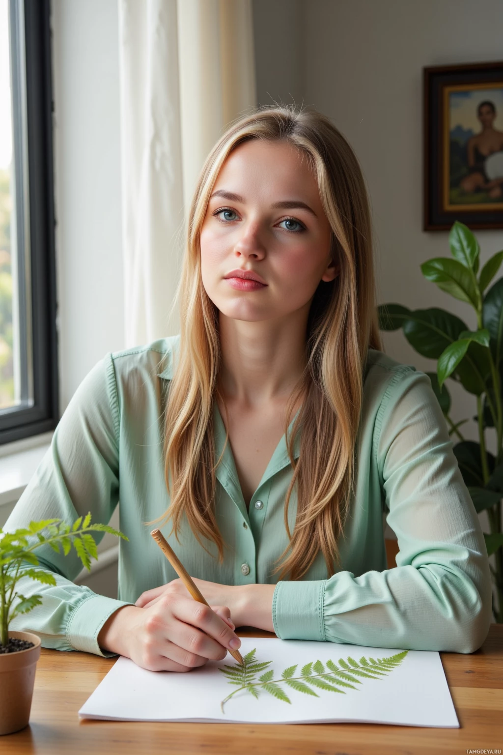 A person in a light green shirt is drawing a leaf on a piece of paper.
