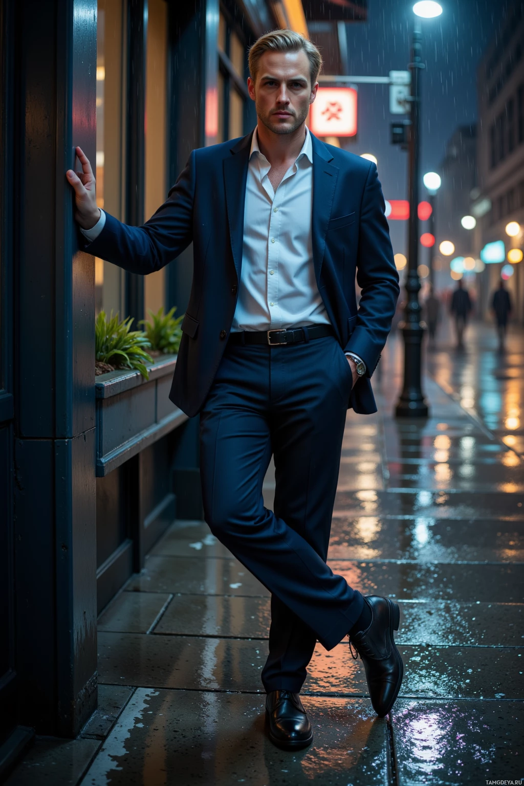 A man in a suit stands on a wet city street at night.