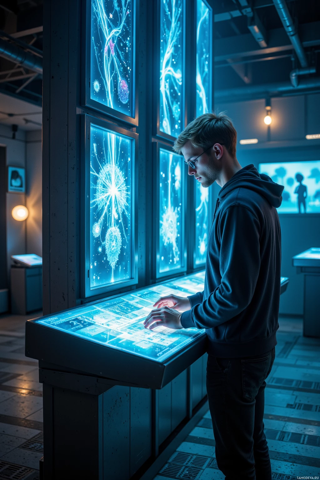 A person interacts with a futuristic, illuminated display in a modern setting.