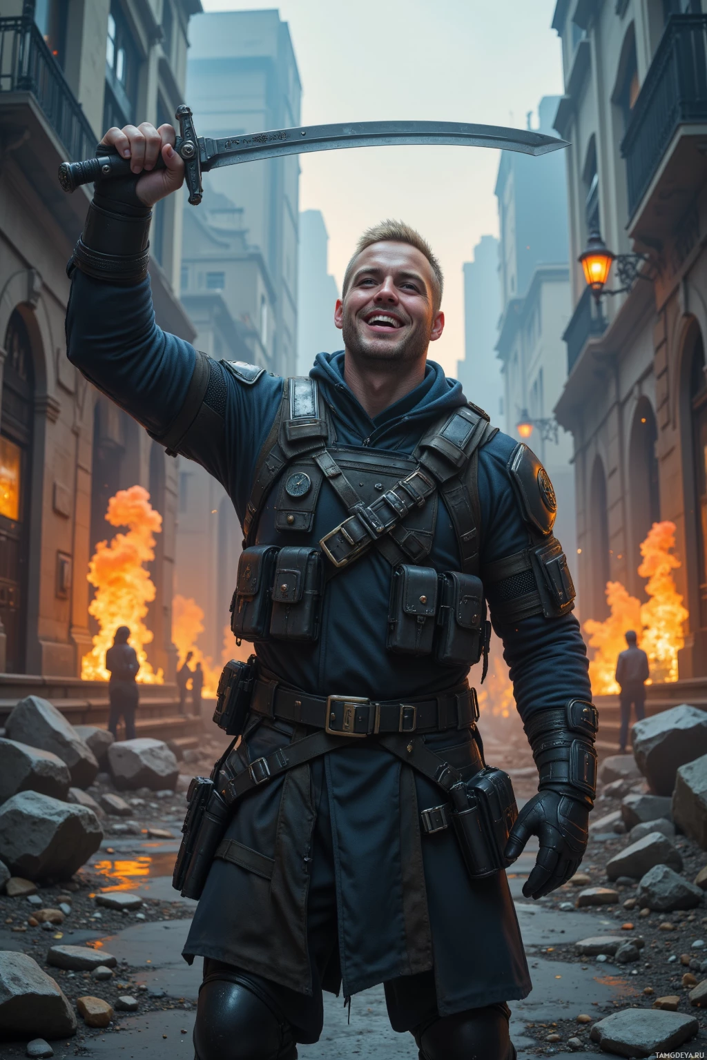 A man in tactical gear holds a sword above his head in a city street with fire in the background.