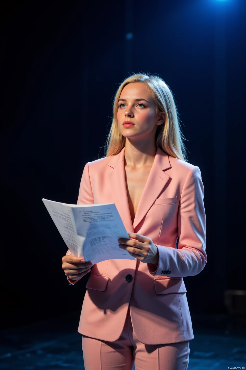A woman in a pink suit holds a document, standing against a dark background.