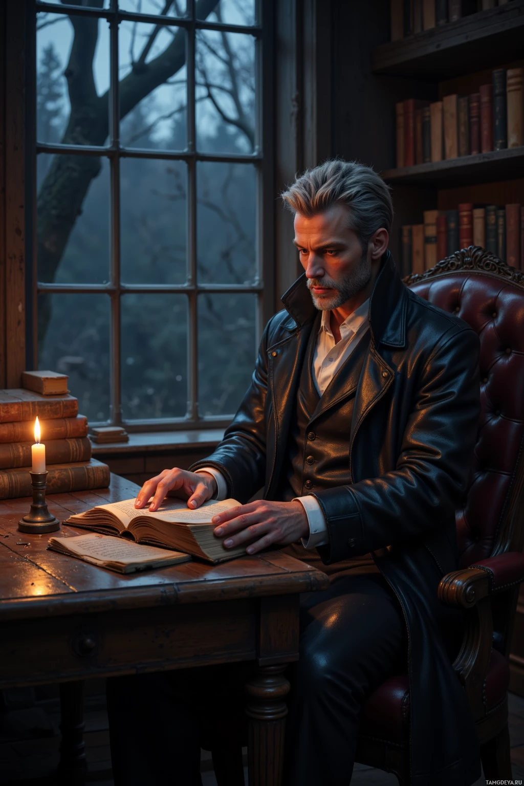 A man in a leather coat sits at a desk, reading a book by candlelight.