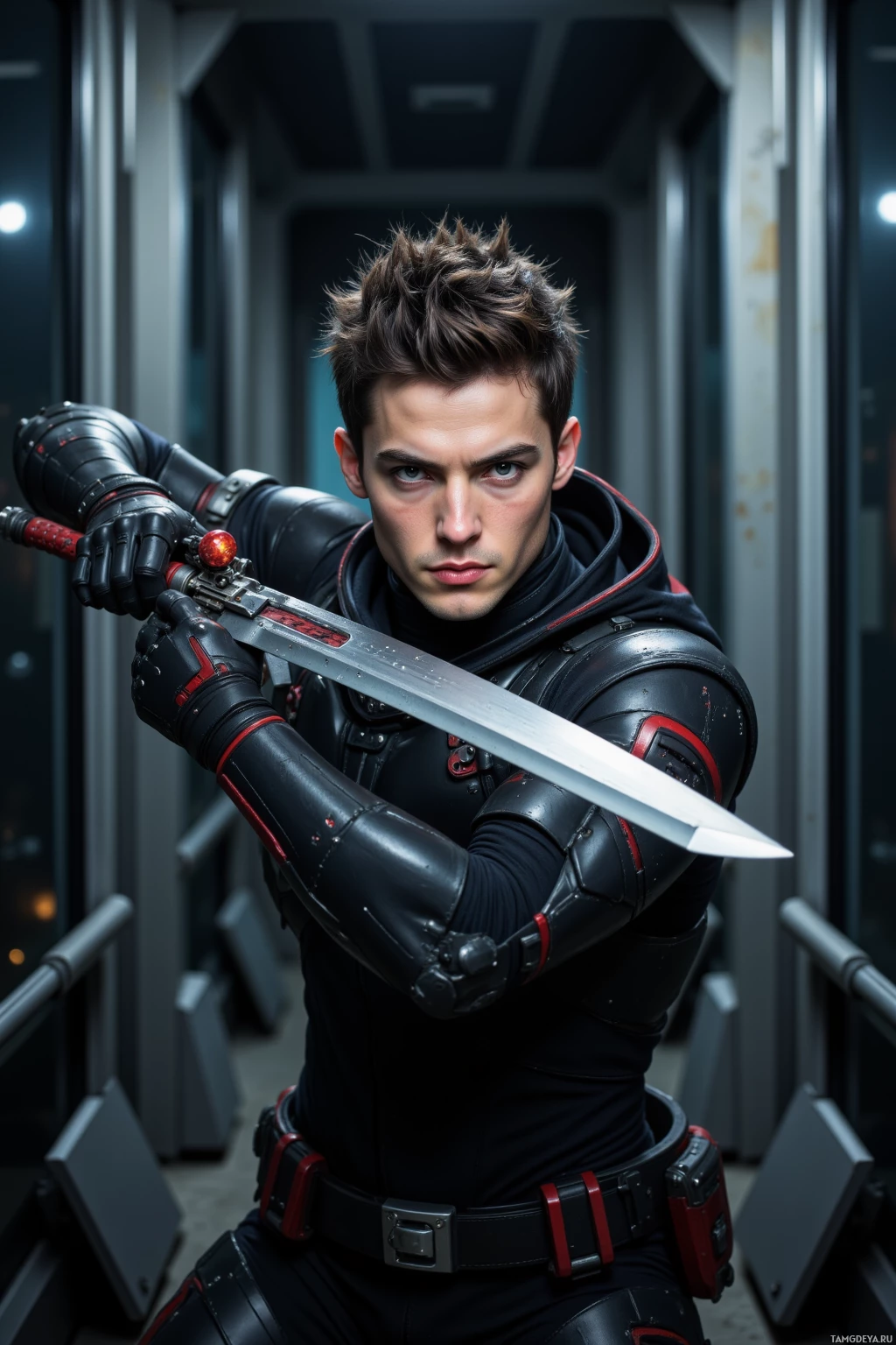A person in a futuristic black outfit with red accents holds a sword in a metallic corridor.