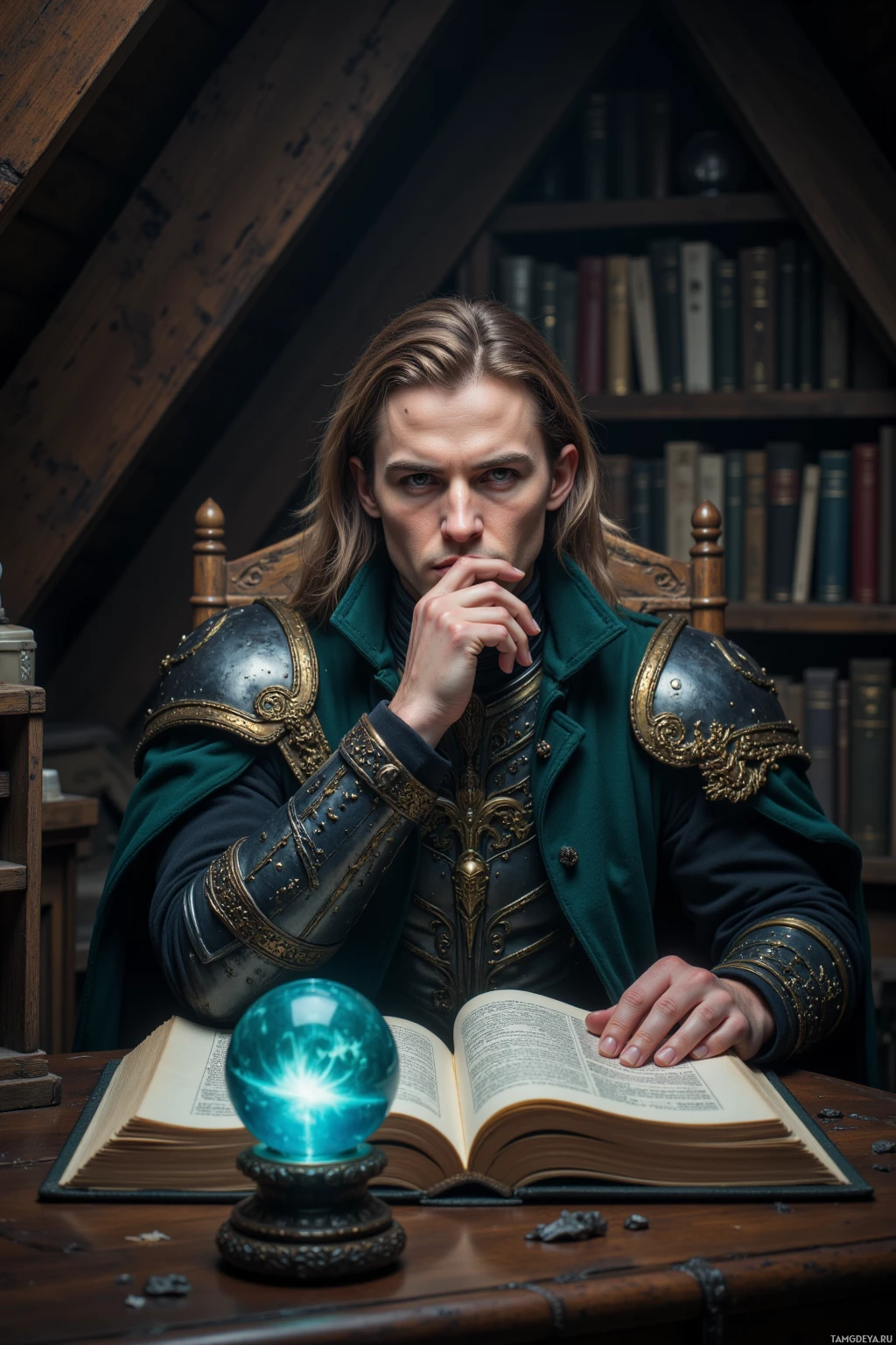 A person in ornate armor sits at a table with an open book and a glowing crystal ball.