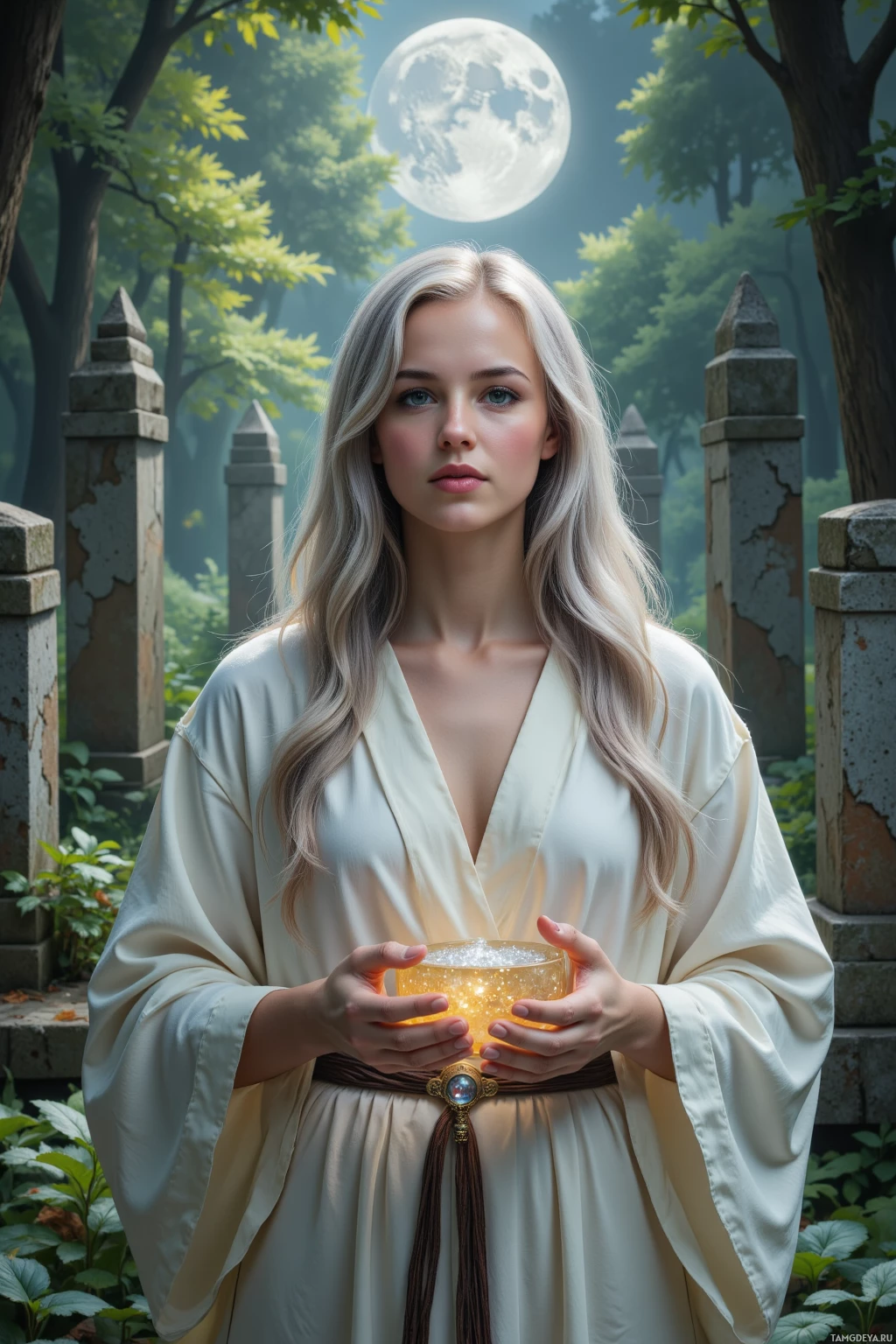 A woman in a white robe holds a glowing crystal bowl in a forest setting under a full moon.