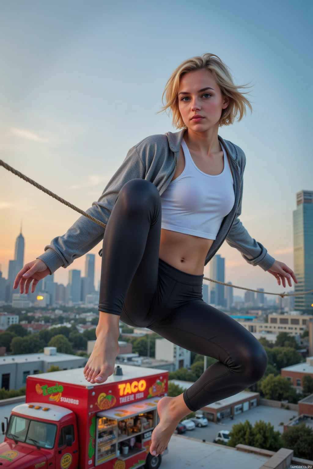 A person in athletic attire is balancing on a rope above a cityscape at sunset.