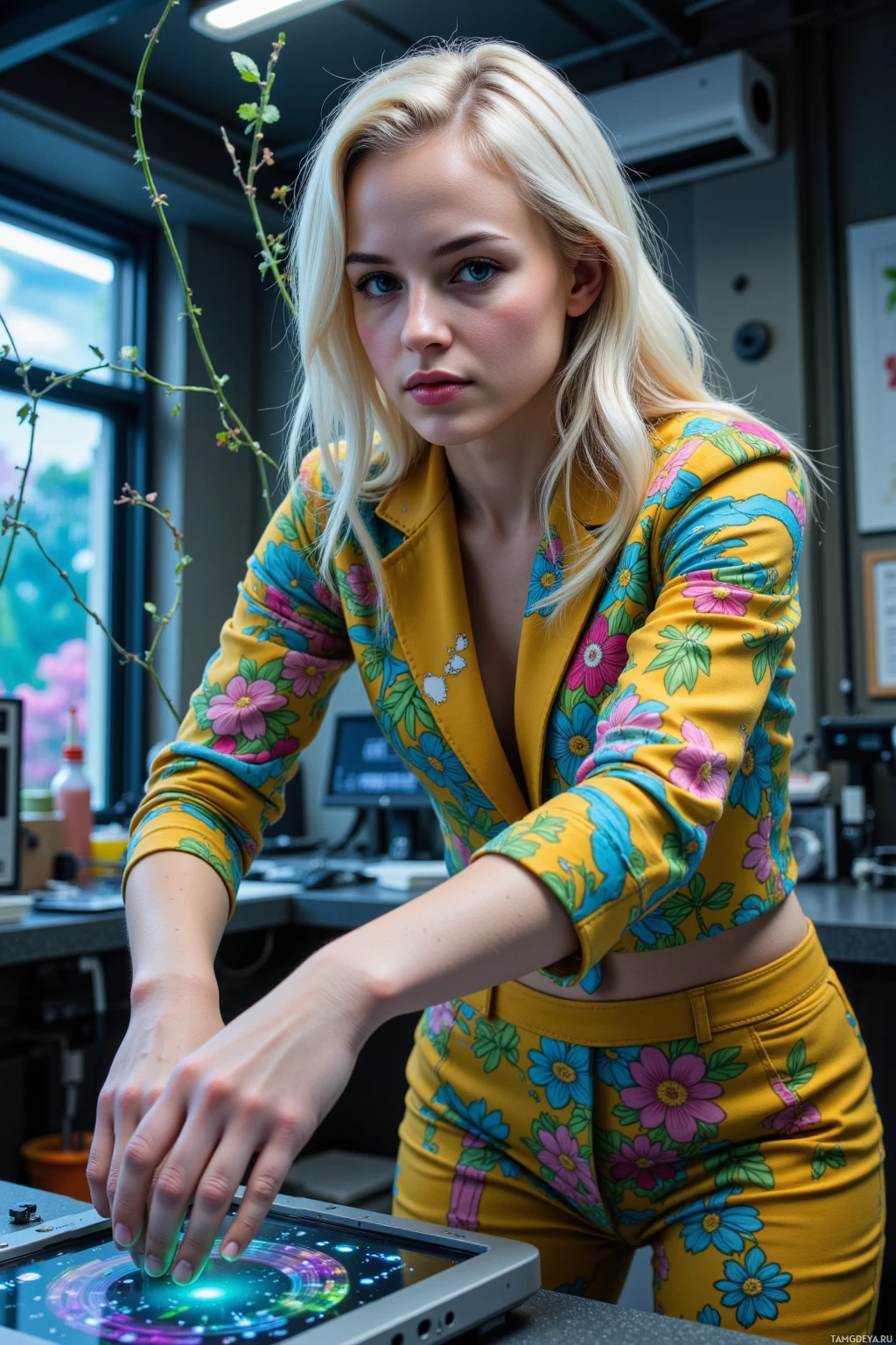 A person in a vibrant floral outfit is interacting with a futuristic device.