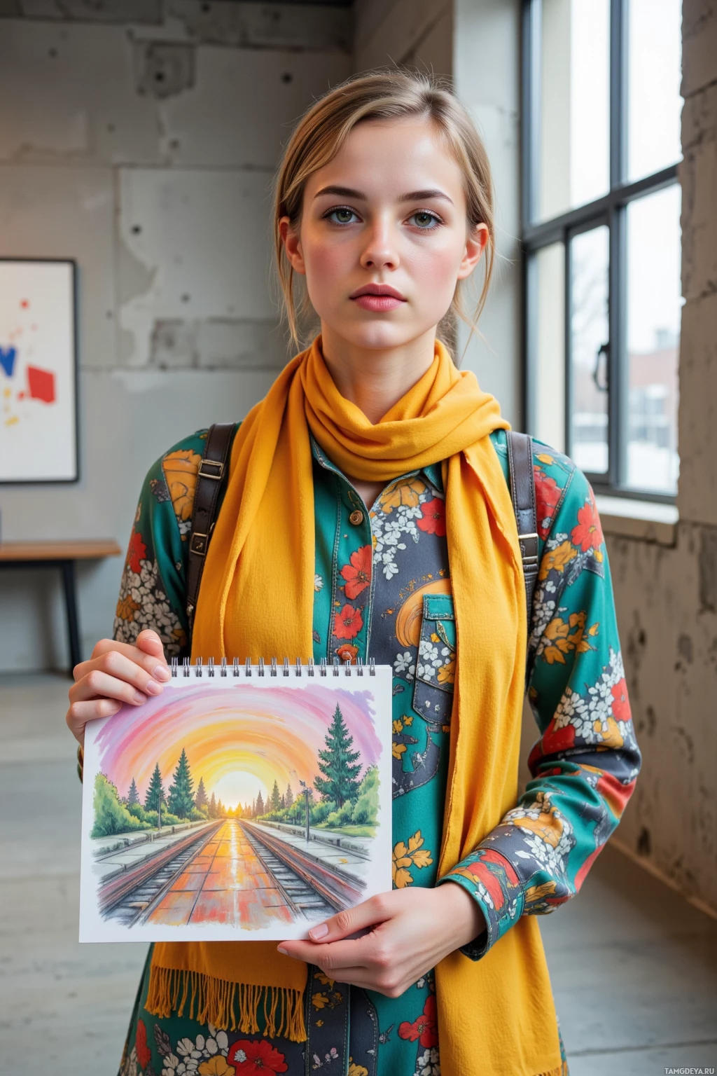 A person wearing a floral shirt and yellow scarf holds a drawing of a train track leading into a sunset.