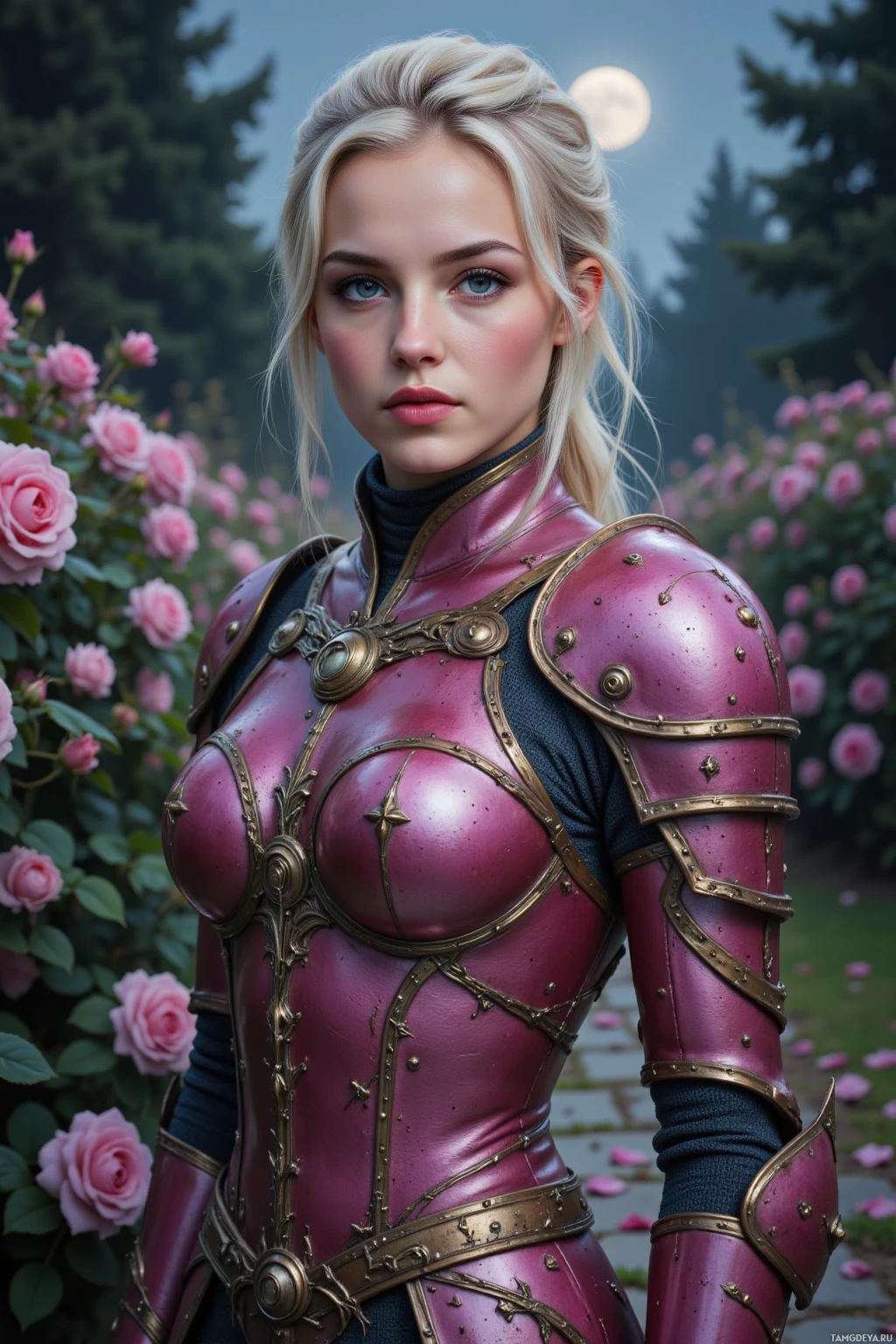 A woman in ornate, pink armor stands amidst a garden of roses under a moonlit sky.