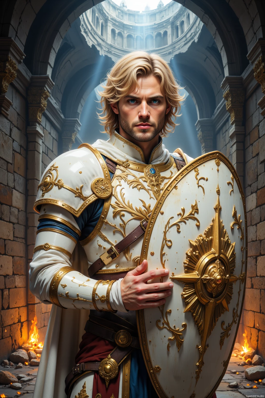 A knight in ornate armor stands in a grand stone archway, holding a shield.