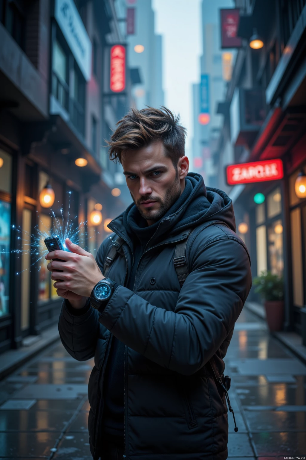 A man in a black jacket stands in a city alley, holding a glowing phone.