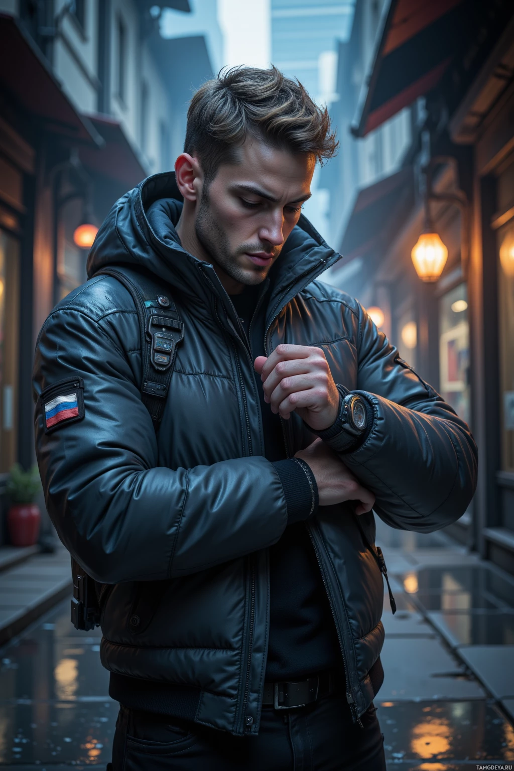 A man in a dark jacket and backpack stands in a narrow alley, checking his watch.