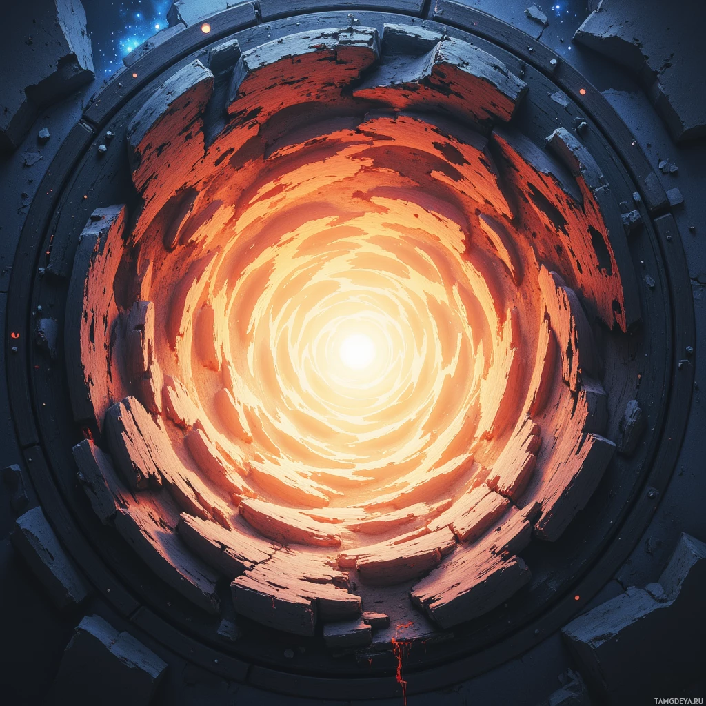 A swirling vortex of fiery orange and red light within a dark, cracked circular structure.
