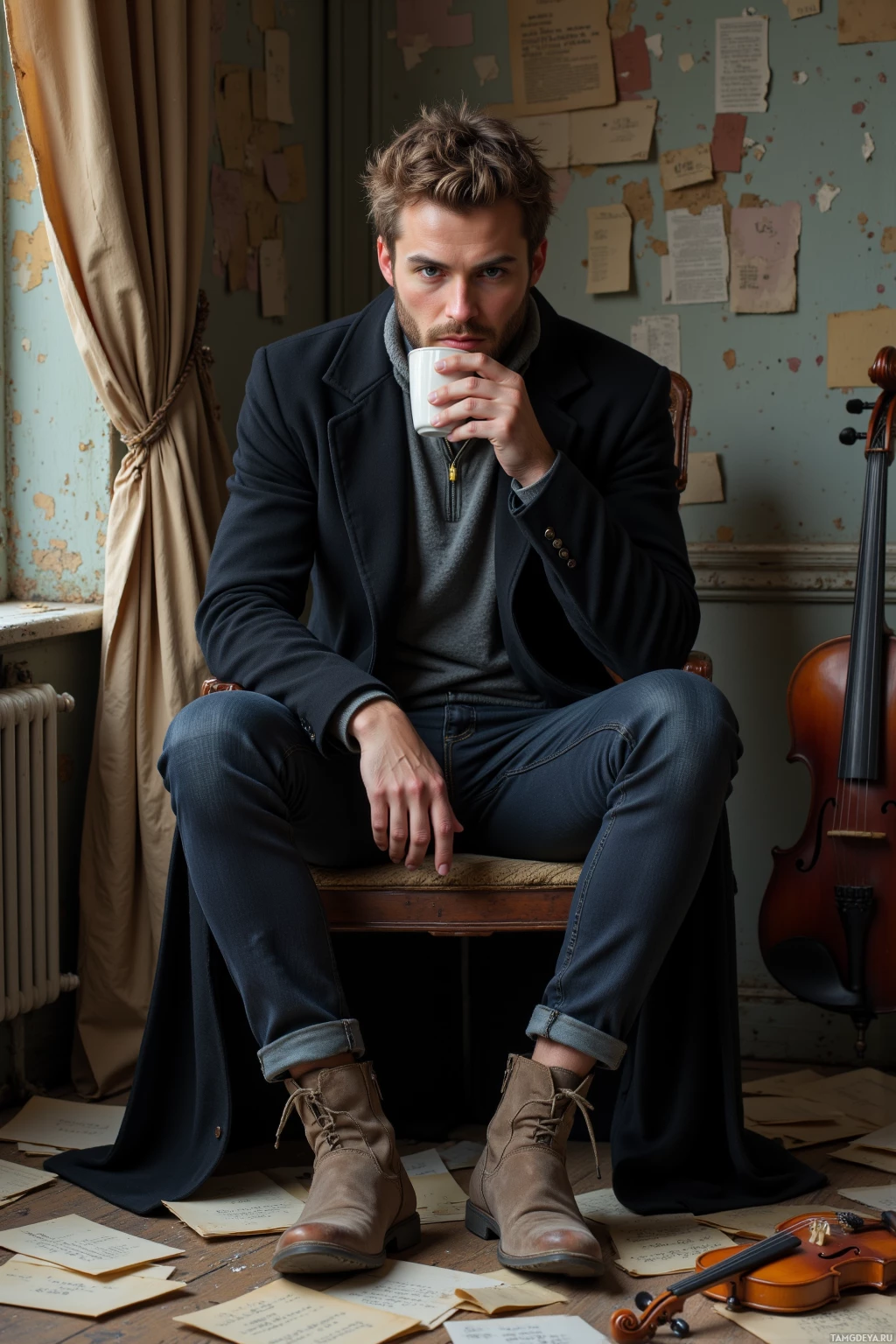 A man in a dark coat and jeans sits on a chair in a room with papers and a violin, holding a cup.