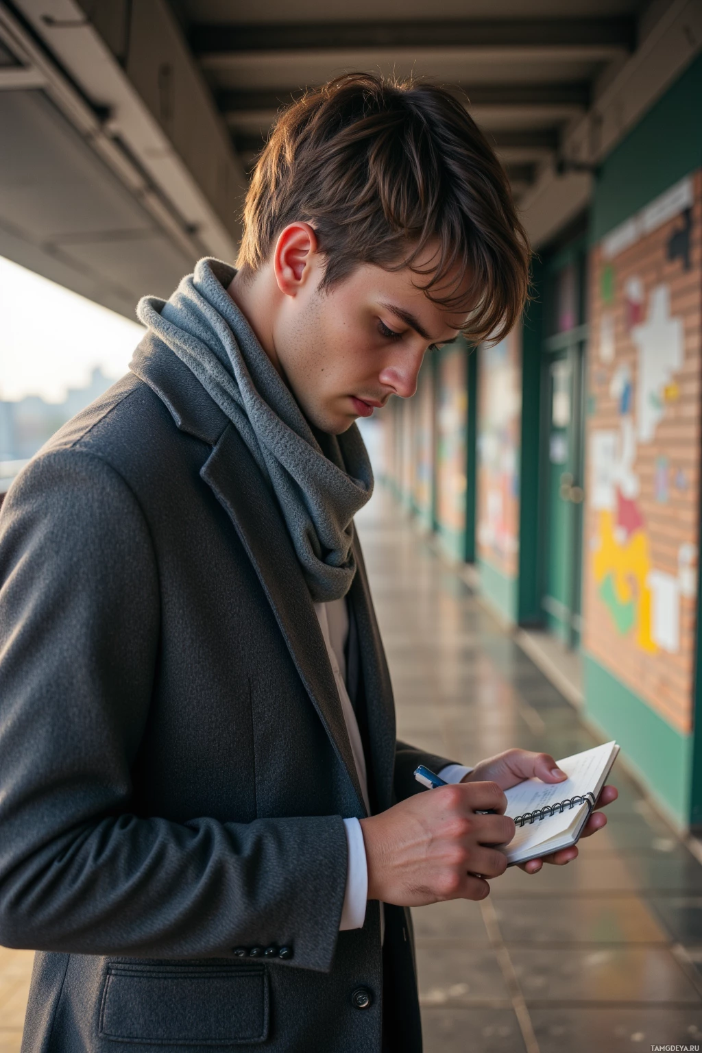 A young man in a coat and scarf writes in a notebook.