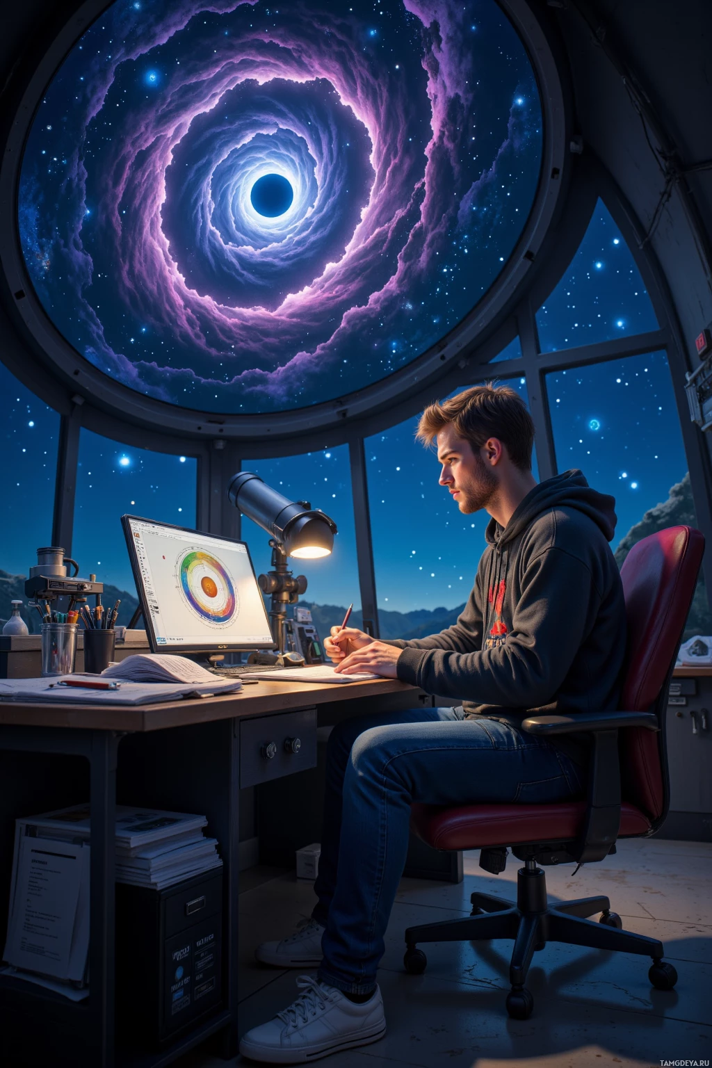 A person is working at a desk in a room with a large circular window showing a cosmic scene.