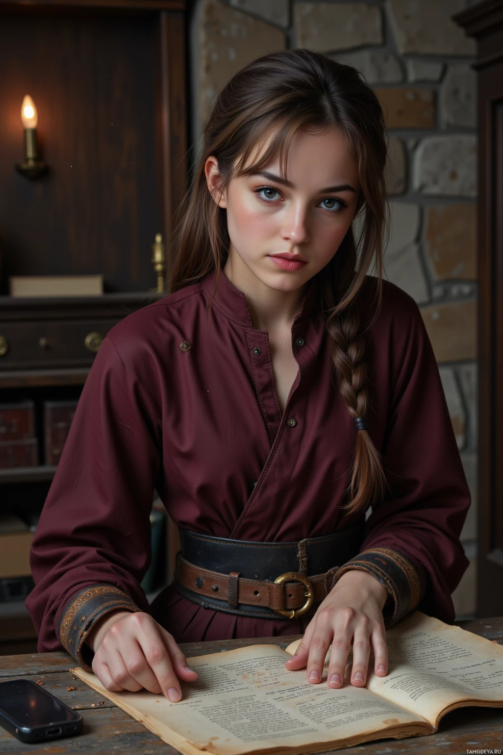 A young woman in a maroon dress sits at a table, reading an open book.