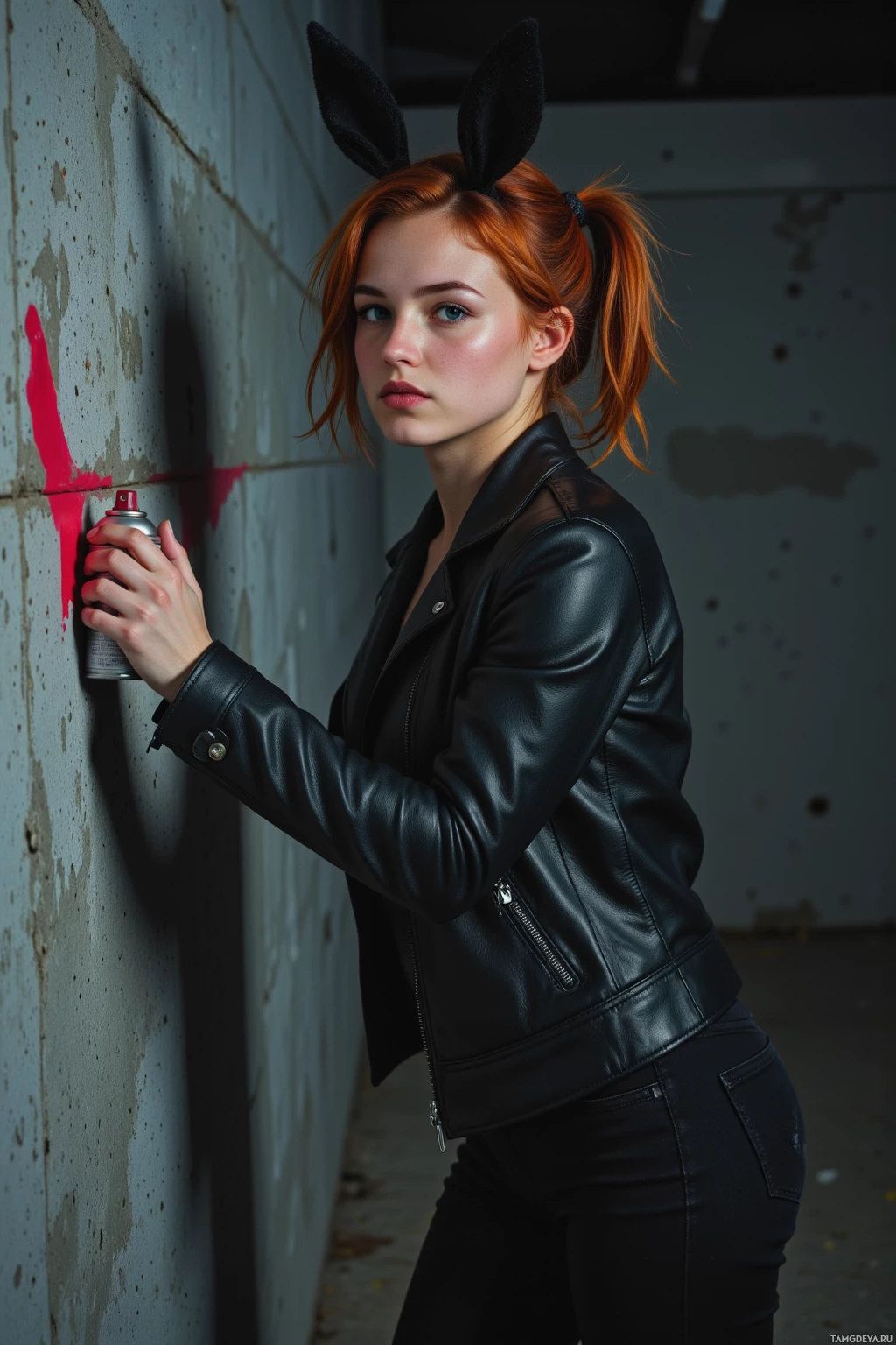 A person wearing a black leather jacket and bunny ears spray paints a wall.