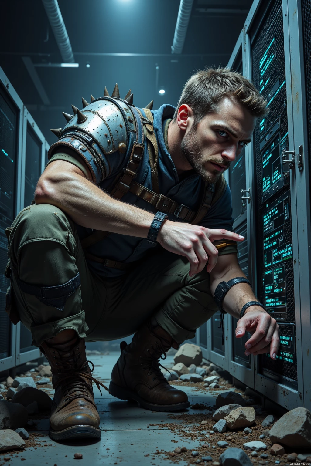 A man in tactical gear crouches in a dimly lit, rocky environment, pointing at a server panel.