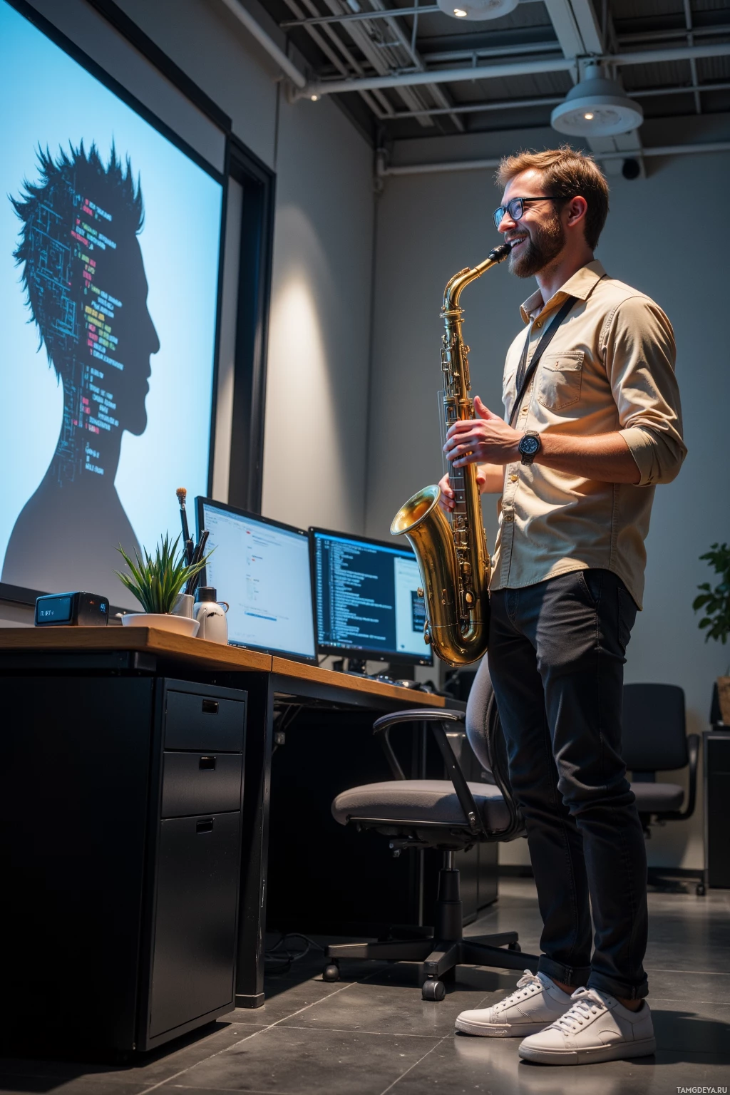 A man stands in an office, playing a saxophone in front of a projection screen.