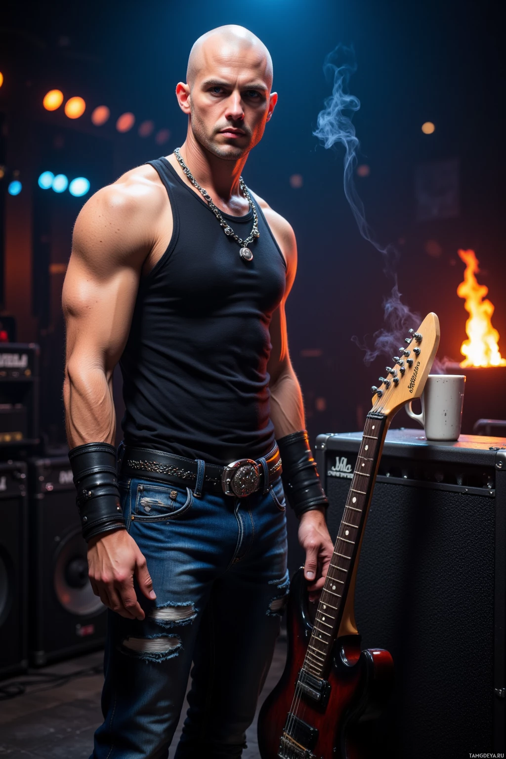 A muscular man in a black tank top and jeans holds a guitar on stage with a microphone and amplifier in the background.