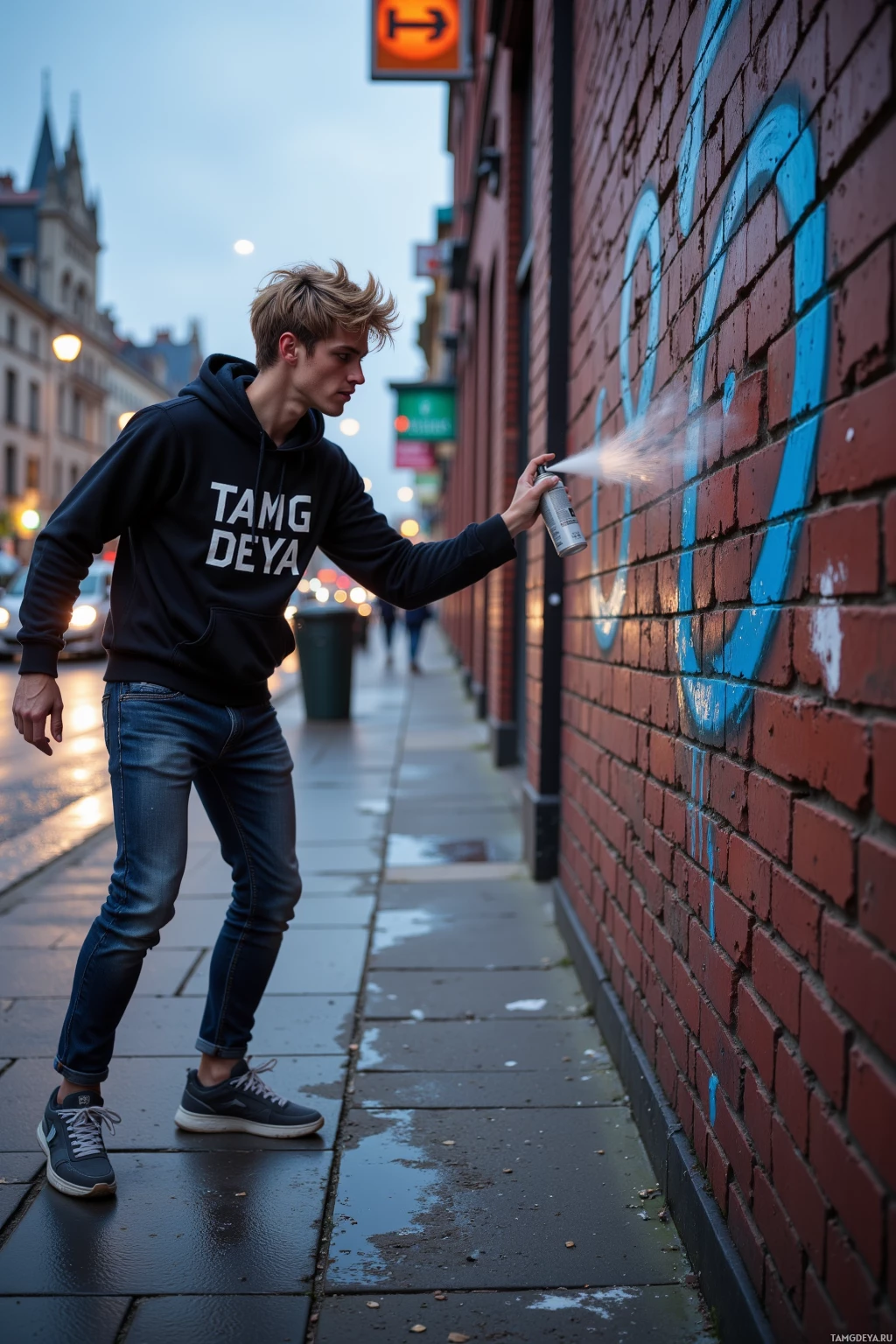 A person wearing a hoodie and jeans spray-paints a brick wall in an urban setting.